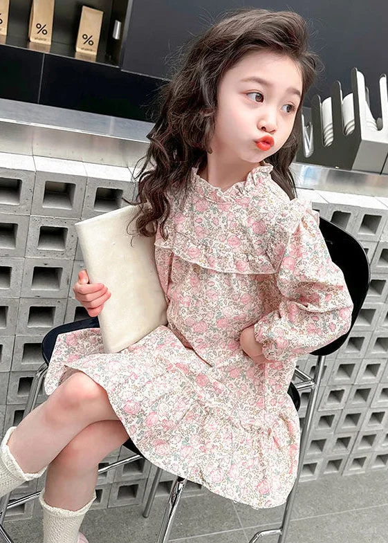 Lovely Pink Ruffled Print Cotton Girls Long Dress Fall XZ085 Affordable floral dresses