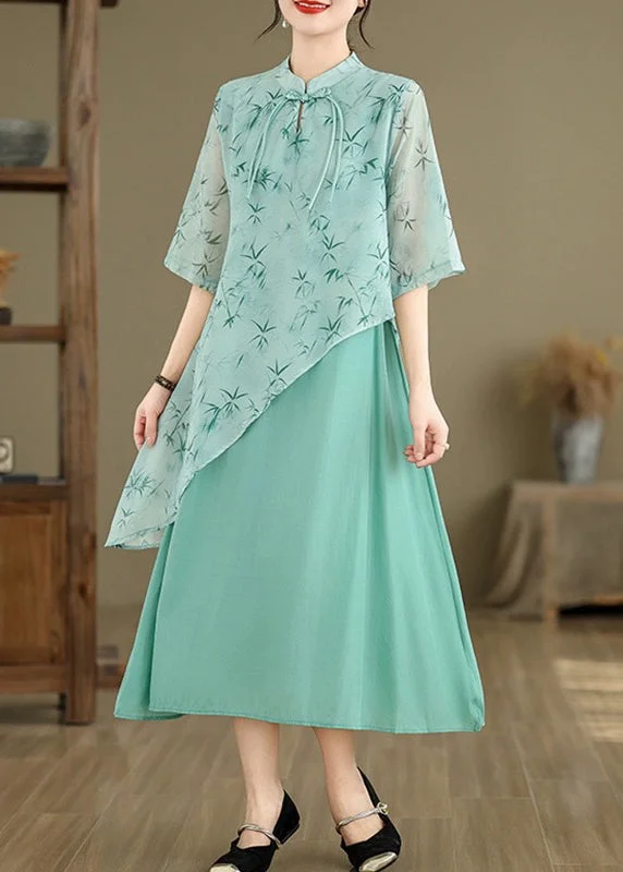 New Blue Asymmetrical Print Cotton Long Dresses Half Sleeve JH049 Party floral dresses