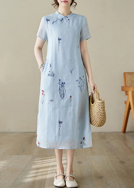 New Blue Print Pockets Linen Long Dress Summer JH066 Cotton floral dresses