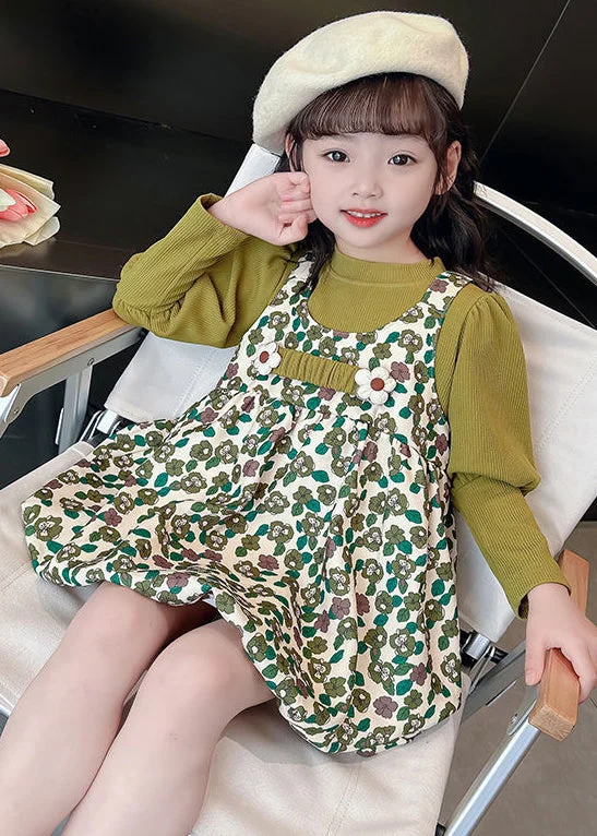 New Green Print Tops And Dress Cotton Girls Two Pieces Set Long Sleeve XZ051 Outdoor floral dresses