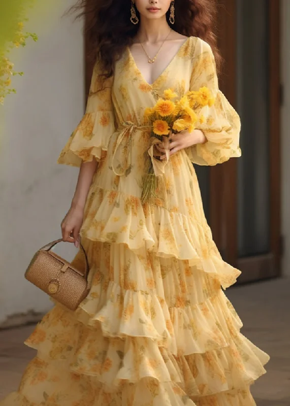 Novelty Yellow Ruffled Print Tie Waist Chiffon Dresses Summer KJ025 Y2K floral dresses