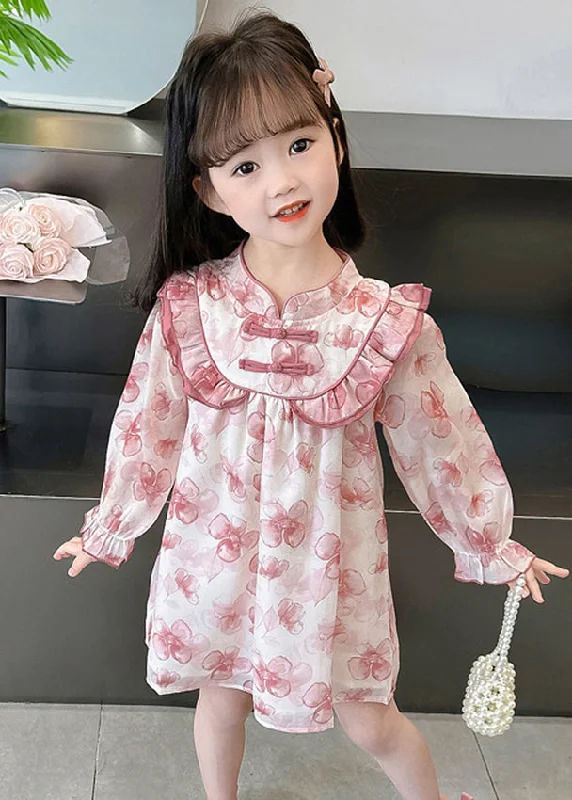 Pink Print Patchwork Cotton Girls Dresses Stand Collar Fall XZ088 Designer floral dresses