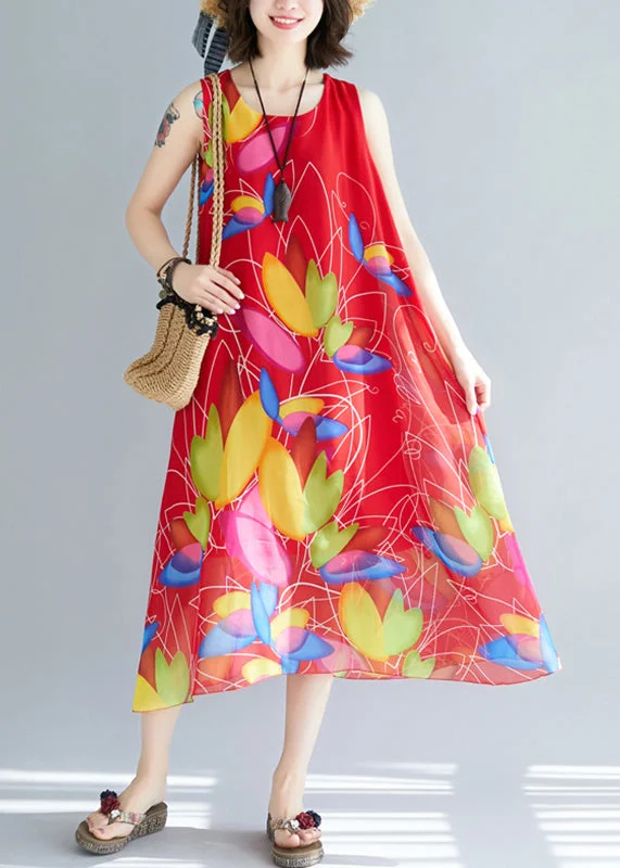 Red Print Chiffon Holiday Dresses O Neck Summer JH042 Spring floral dresses