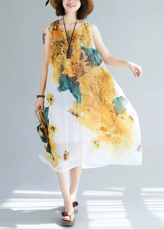 Stylish Yellow O-Neck Print Chiffon Dresses Sleeveless JH041 Summer floral dresses