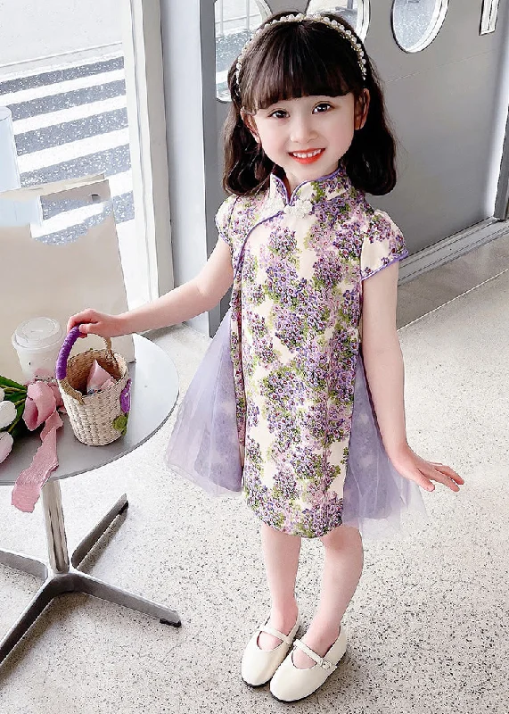 Unique Purple Stand Collar Print Girls Mid Dress Summer GF018 Hot new arrivals in floral dresses