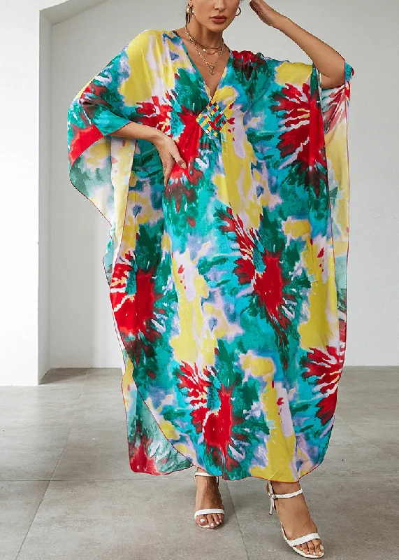 Vacation Style Blue Cotton Printed Beach Robe Dress Summer VC071 Lightweight floral dresses for hot weather