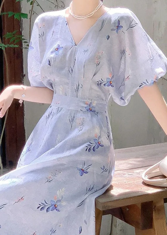 Women Blue V Neck Print Cotton Long Dress Summer KJ006 Office floral dresses