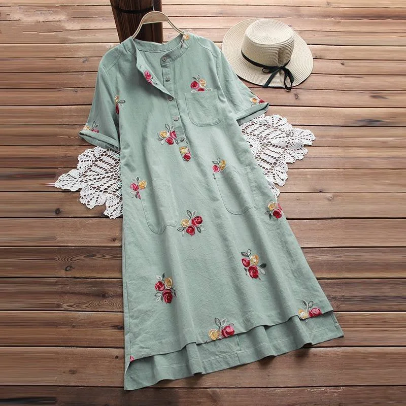 Women's Summer Linen O-Neck Loose Dress With Print Fashion-forward floral dresses