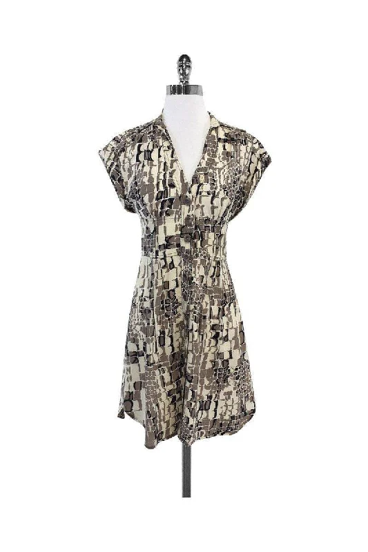 Nanette Lepore - Cream & Tan Print Button-Up Dress Sz 2 Discounted unclassified dresses