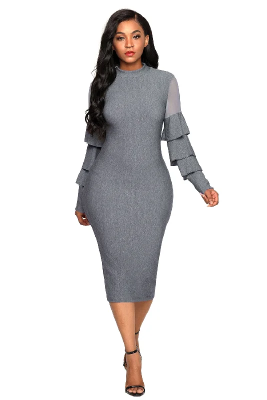 Sexy Grey Layered Bell Sleeve Mesh Cutout Sheath Dress Best-selling unclassified dresses