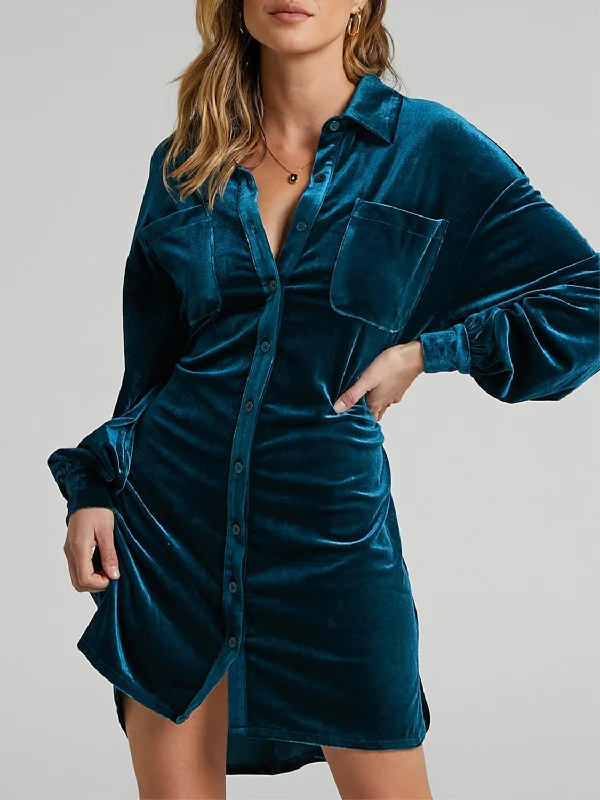 Collared Neck Button Down Long Sleeve Mini Dress Stylish Mini Skirt