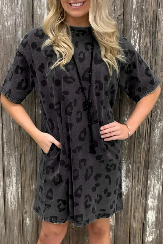 Gray Short Sleeve Casual Leopard Print Dress With Pockets Chic Denim Skirt