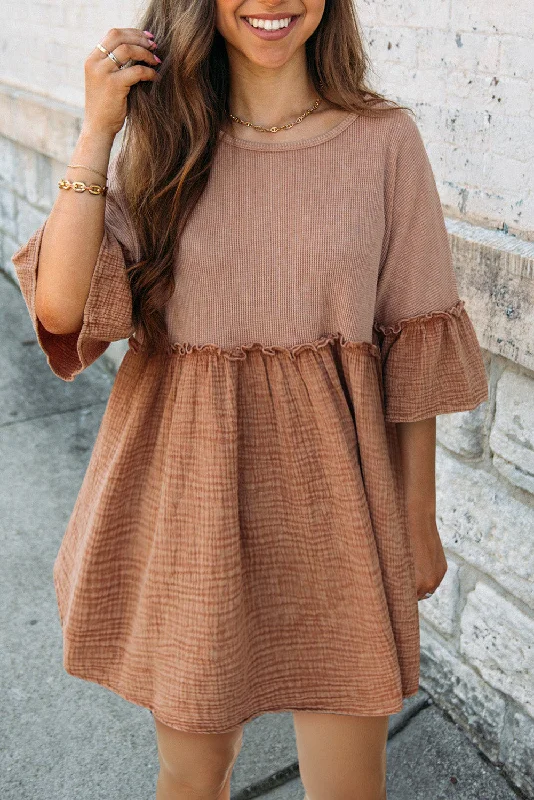 Khaki Waffle and Crinkle Patchwork Frilled Flare Mini Dress Mini Skirt Trend