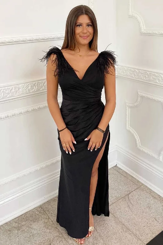 Black Feather V-Neck Long Prom Dress with Slit Ruffled Maxi Skirt