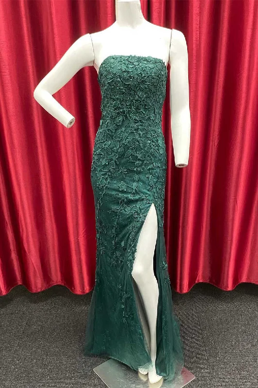 Dark Green Appliques Strapless Long Prom Gown with Slit Printed Maxi Skirt