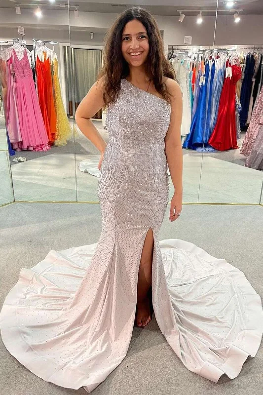 Glitter Silver Beaded One-Shoulder Mermaid Long Prom Dress Comfortable Maxi Look