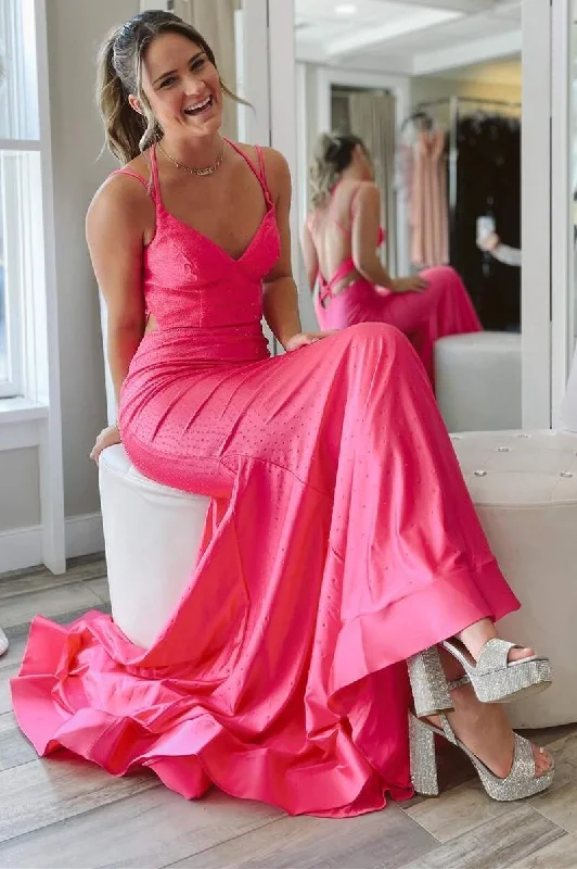 Hot Pink Double Straps Backless Trumpet Long Formal Dress Layered Maxi Skirt