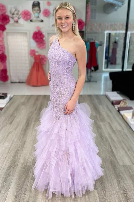 Lavender Lace One-Shoulder Tiered Trumpet Long Prom Gown Soft Ruffled Maxi