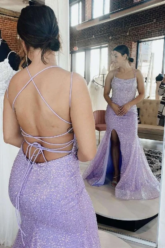 Lavender Sequins Square Lace-Up Back Mermaid Long Prom Dress Embellished Maxi Skirt