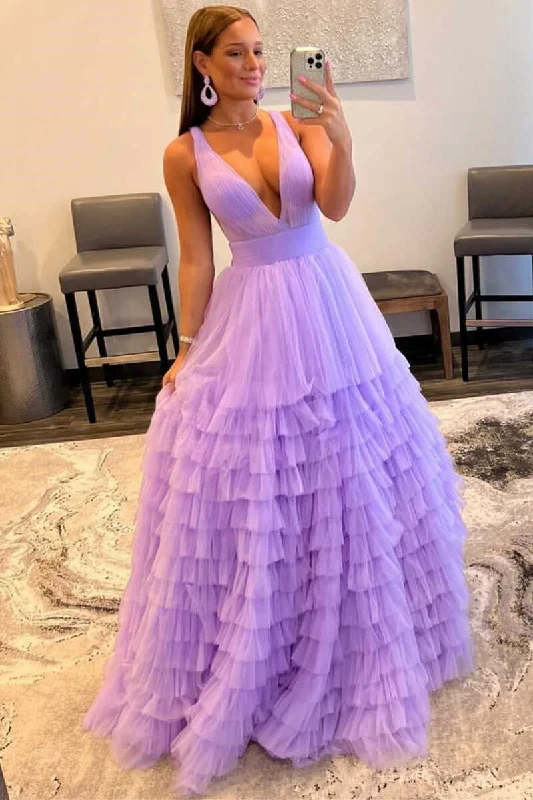 Multi-Tiered Lavender Plunge Neck A-Line Long Prom Dress Cozy Maxi Skirt