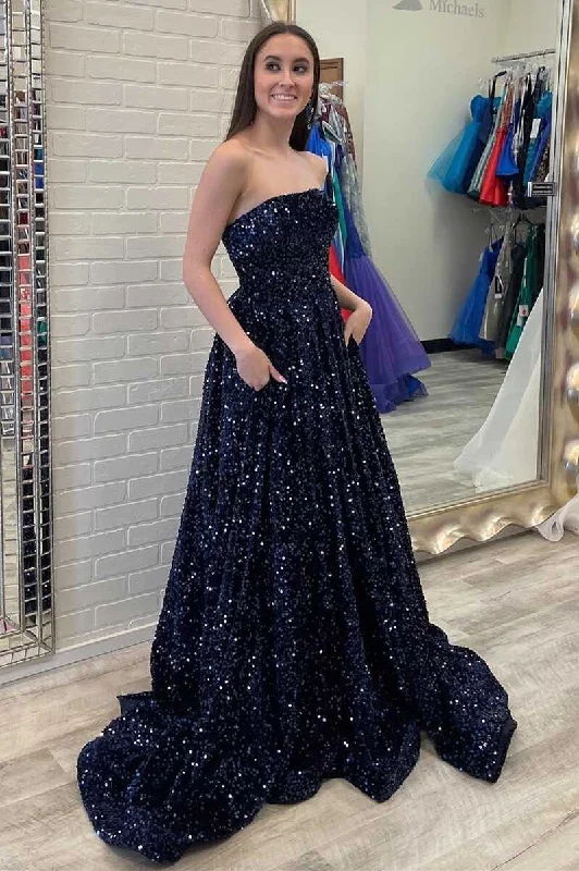 Navy Blue Sequin Strapless A-Line Long Prom Gown Midi Maxi Outfit