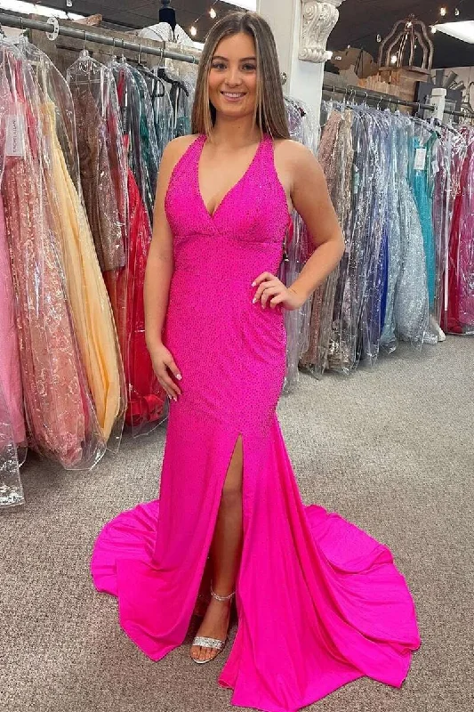 Neon Pink Beaded Halter Backless Mermaid Long Prom Gown Sexy Long Skirt