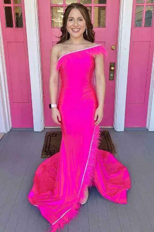 Neon Pink Feather One-Shoulder Long Prom Dress Casual Long Skirt