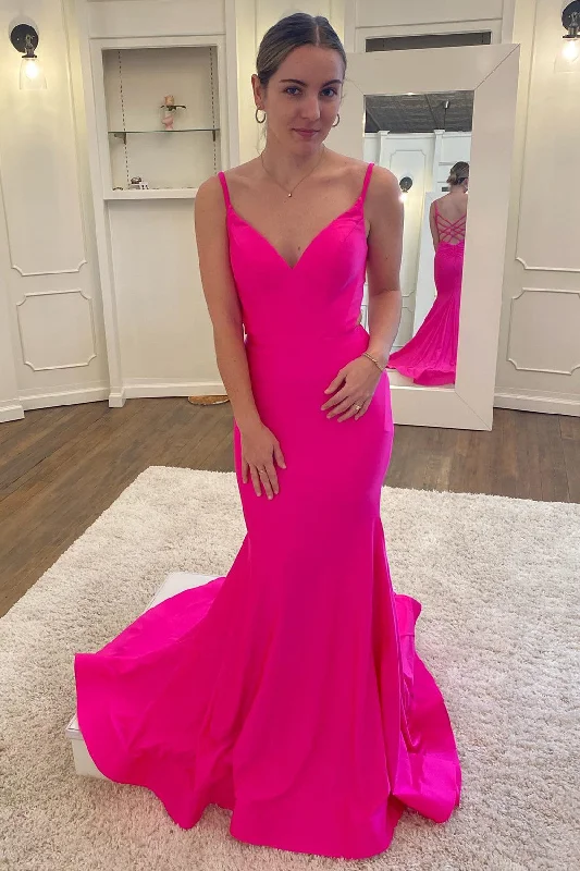 Neon Pink V-Neck Backless Trumpet Long Formal Dress Maxi Skirt Classic