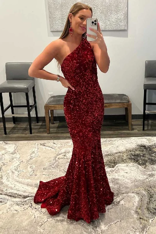 One-Shoulder Red Sequin Trumpet Long Prom Dress Maxi Skirt Fashion