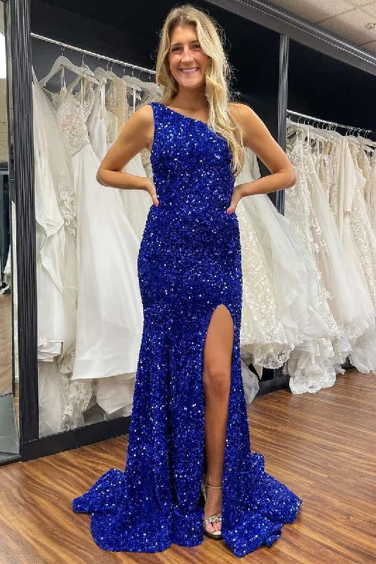 One-Shoulder Royal Blue Sequin Mermaid Long Formal Dress Floral A-line Skirt