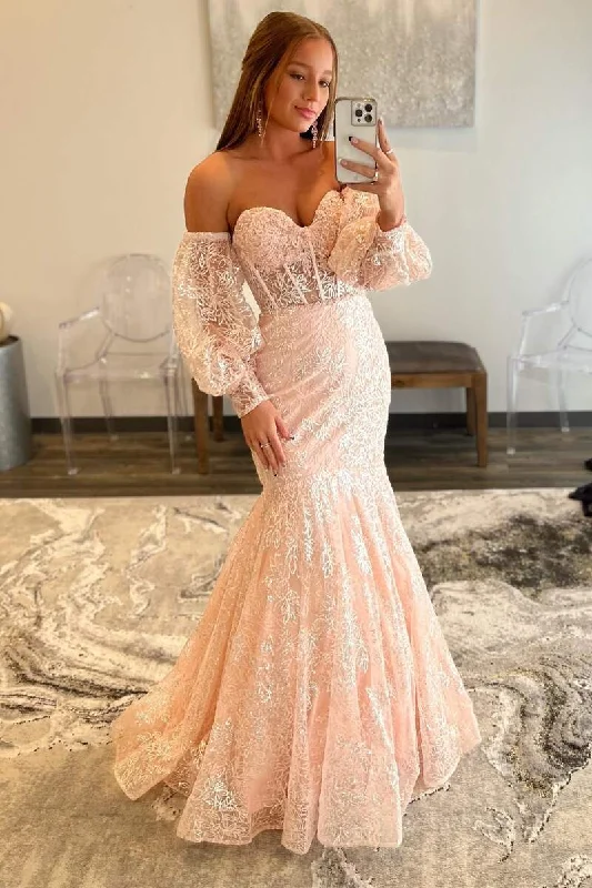 Pink Lace Sweetheart Trumpet Long Prom Gown Bold Maxi Skirt