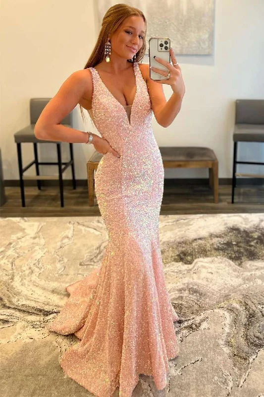 Glitter Plunge Pink Sequin Trumpet Long Formal Dress Maxi Skirt Glam