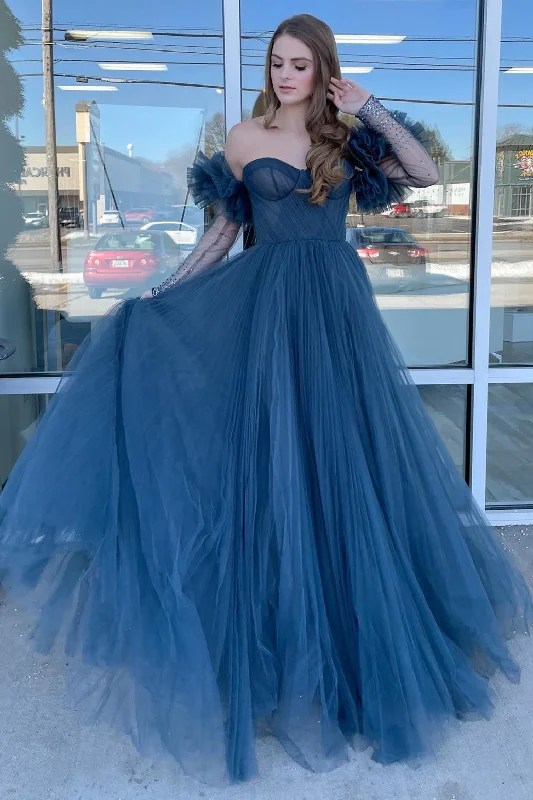 Princess Navy Blue Tulle Sweetheart Long Prom Dress with Detachable Sleeves Boho Chic Maxi