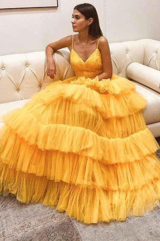 Princess Tiered Yellow Tulle Straps Backless Long Prom Dress Tulle Layered Maxi