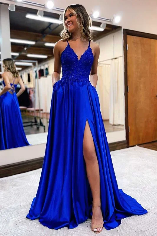 Royal Blue Lace Lace-Up Long Prom Dress Ruffle Maxi Skirt