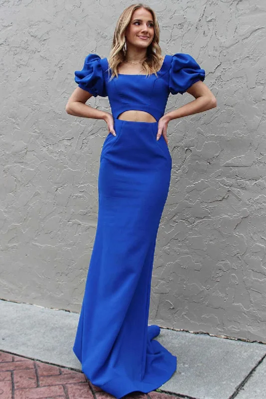 Royal Blue Puff Sleeve Cutout Long Prom Dress Button-up Maxi Skirt