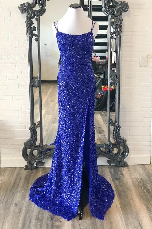 Royal Blue Sequin Double Straps Mermaid Long Formal Dress Sexy Maxi Skirt