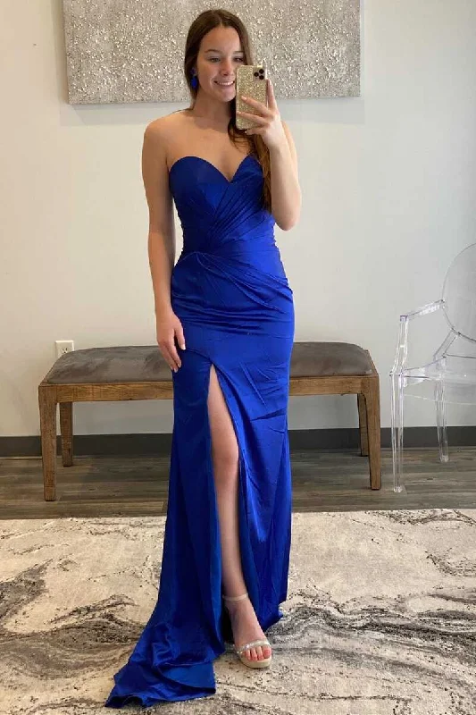 Royal Blue Sweetheart Satin Long Formal Dress with Slit Embroidered Maxi Skirt