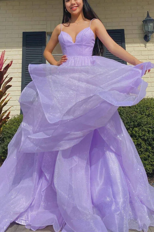 Sparkle Lavender Straps Multi-Tiered Long Prom Dress Pleated A-line Skirt