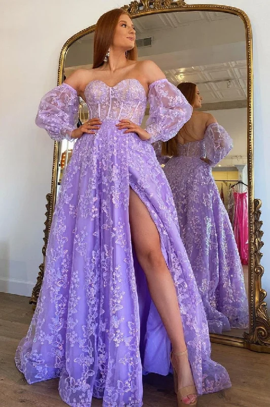 Sparkle Princess Lavender Bustier Puff Sleeve Lace Long Prom Gown Flowing Boho Skirt