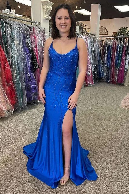 Trumpet Royal Blue Beaded Lace-Up Back Long Formal Dress Flowy Maxi Skirt