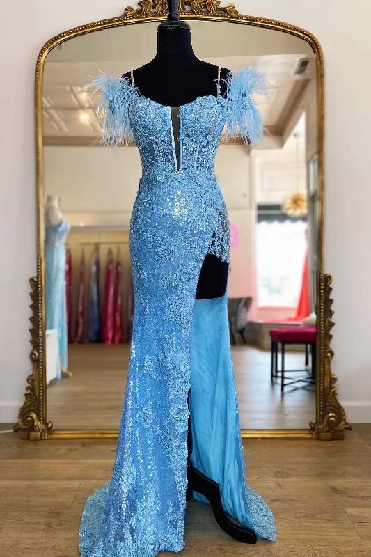 Blue Sequin Appliques Cold-Shoulder Long Prom Gown with Slit Lace Maxi Skirt