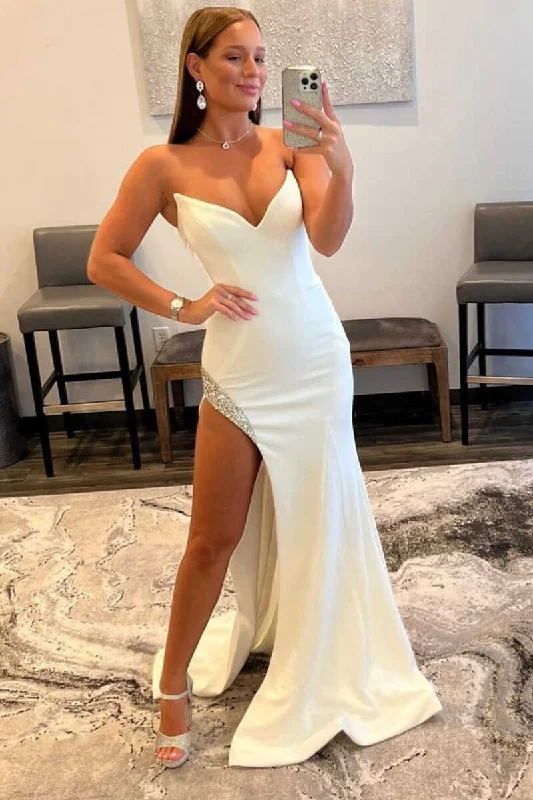 White Strapless Mermaid Long Prom Dress with Bead Trimmed Slit Button-front Maxi Skirt