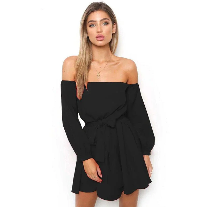 Women's Summer Long-Sleeved Off-Shoulder Strapless Slash Neck Dress Casual Maxi Skirt