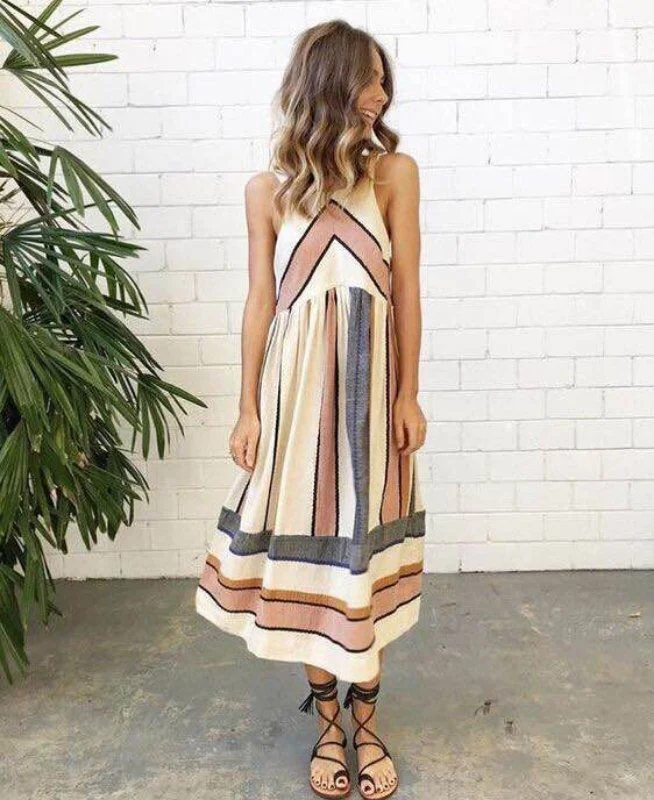 Women's Summer O-Neck Striped A-Line Sleeveless Long Beach Dress Trendy Maxi Skirt