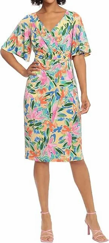 Flutter Sleeve Midi Dress In Multi Soft Midi Skirt