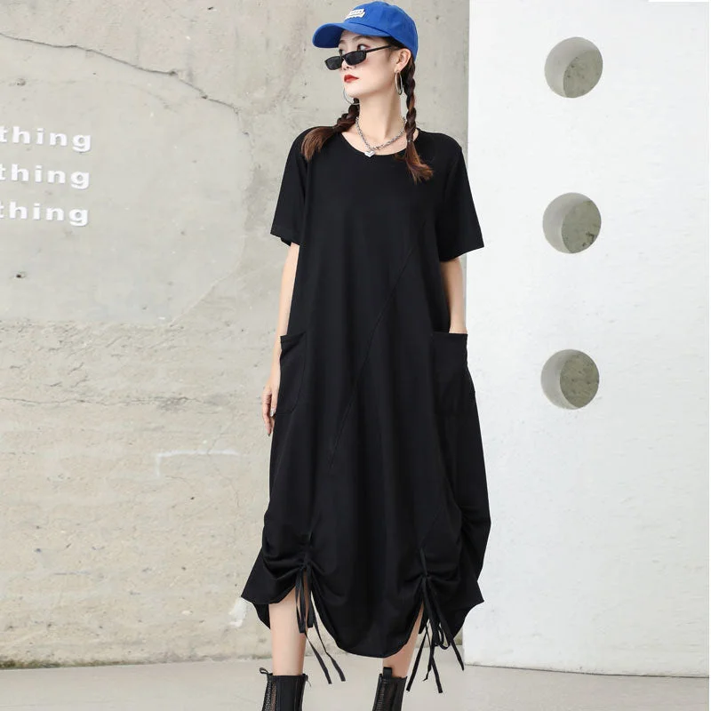 Original Creation Short Sleeves Loose Drawstring Solid Color Round-Neck Midi Dresses Elegant A-line Skirt