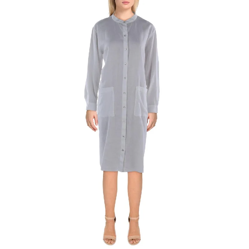 Womens Classic Collar Midi Shirtdress Pleated A-line Skirt