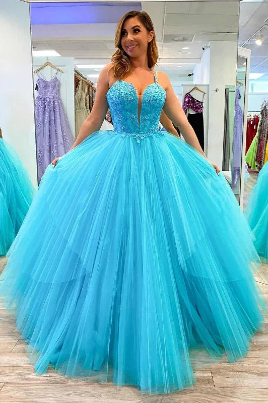 A-Line Lace Appliques Blue Prom Dress Lace Dress Shine