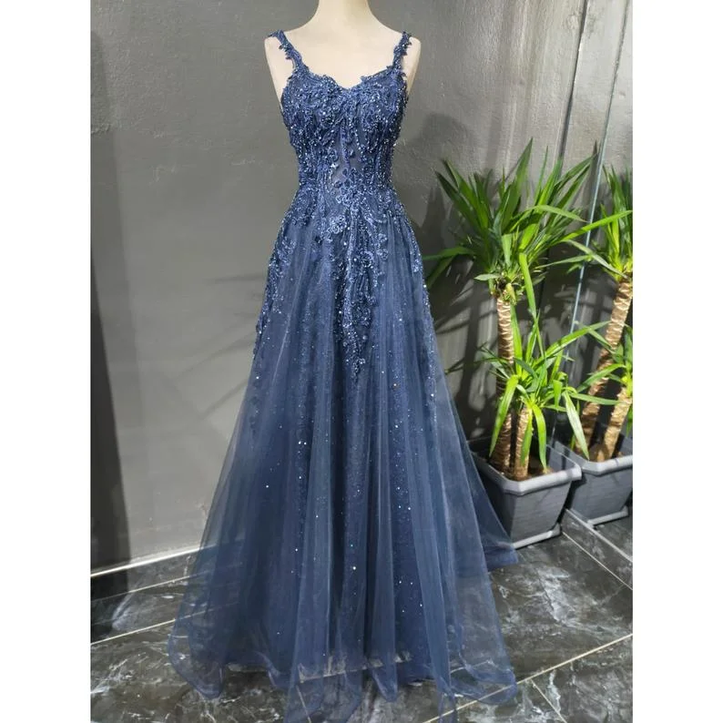 A-line Straps Lace Prom Dresses,Long Formal Graduation Dresses Y1502 Lace Dress Flare